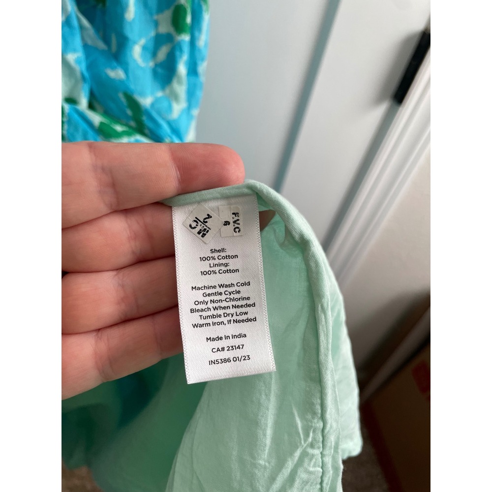 Talbots Petite Blue Green Ikat Cotton Tiered Midi Dress 12P Sleeveless V-Neck - Picture 9 of 10